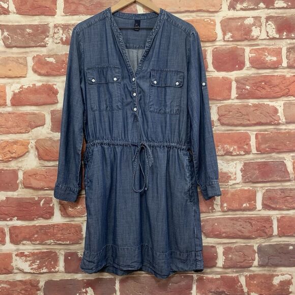 Gap Dress Women's Large Blue Chambray Denim Pocketed Popover Roll Tab Sleeves - Picture 6 of 8
